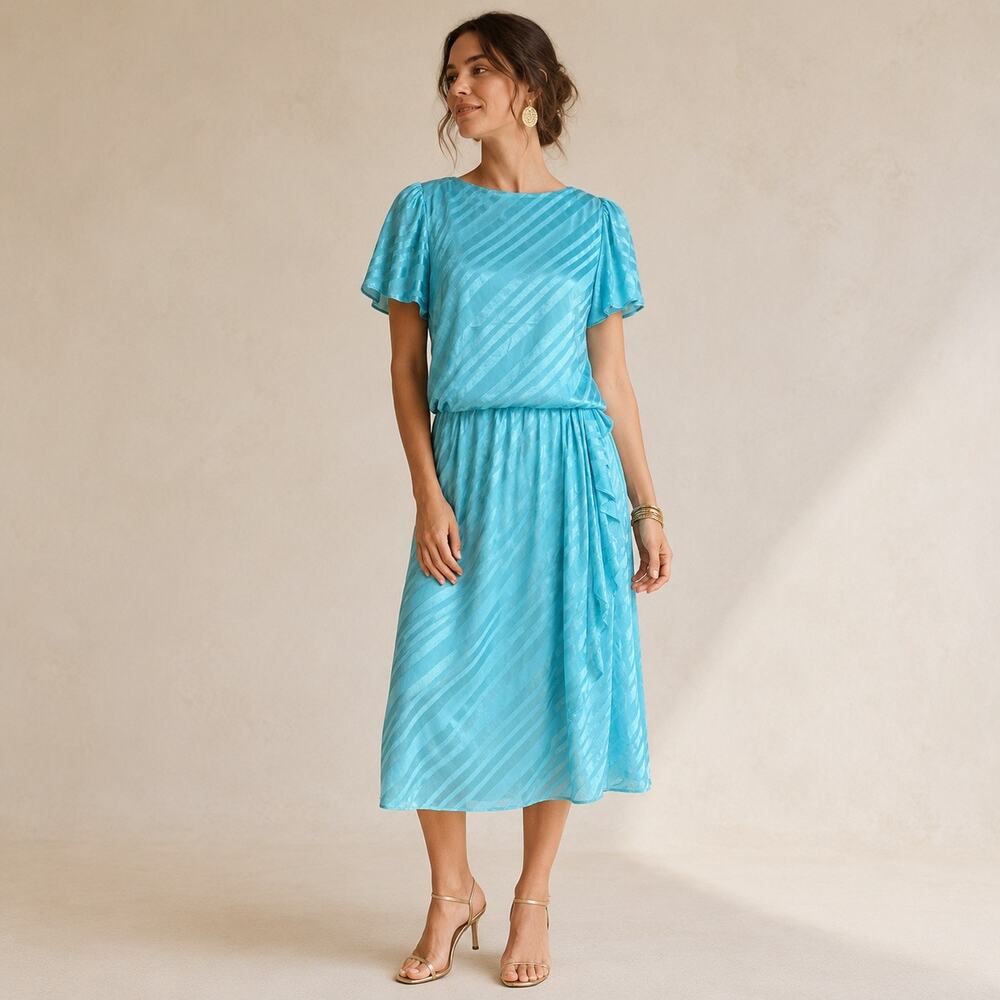 Vintage 80s J.B.TOO Blue Slinky Midi Dress Flutter Sleeve  Dress M